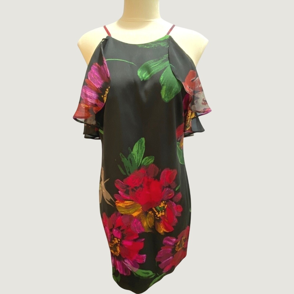 Trina Turk Silk Contrast Floral Cape Dress Halter  M Fits 6/8 Resort Vacation‎